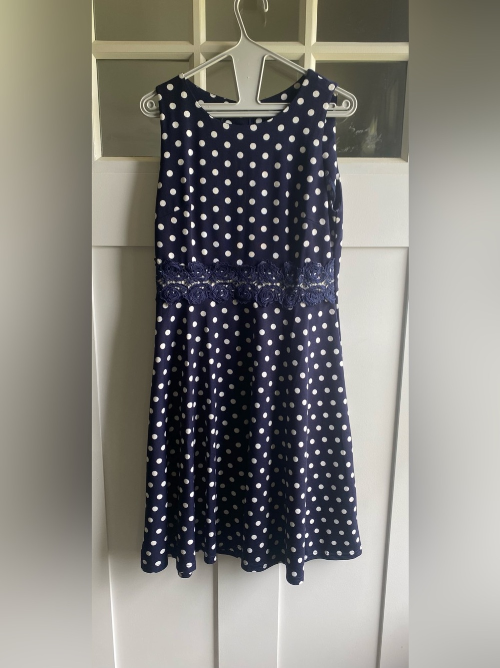 Sleeveless Navy Polka Dot Fit-and-Flare Dress with Lace Waist